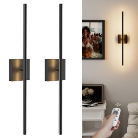 VOLISUN Battery Operated Wall Sconce Set of Two, Black Rechargeable Wall Lights with Remote Control, 3000K-6500K Dimmable Wall Lamp, 27.6 Inch LED Wireless Wall Lights for Bedroom, Living Room,Hallway