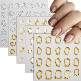 5D Gold Embossed Nail Art Stickers Decals Crystal Soft Glue Irregular Geometric Frames Nail Stickers Heart Hollow Designs Nail Decals Self Adhesive Nail Supplies Acrylic DIY Nail for Women Nail Decoration 5 Sheet