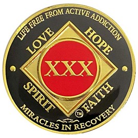 30 Year NA Gold Color Plated-Medallion, Recovery Chip, Narcotics Anonymous Coin (Red & Black)
