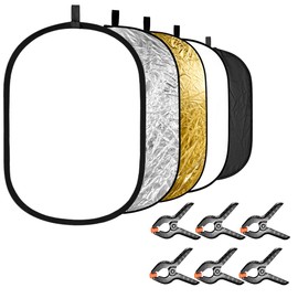 Neewer 5-in-1 Photography Light Reflector with 6-Pack Backdrop Clamps Kit: Portable Oval 24x35 inches/60x90 centimeters Collapsible Reflector Disk(Translucent Silver Gold White Black) for Photo Studio