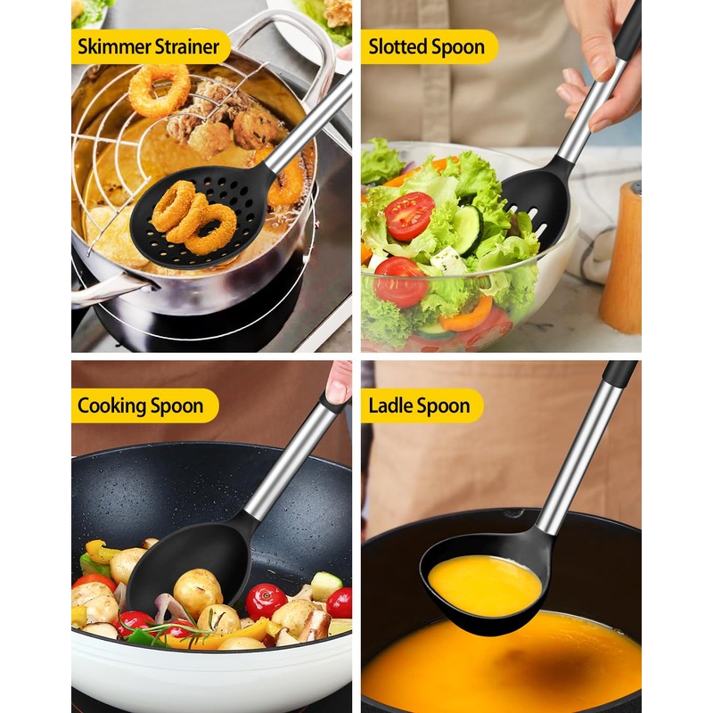 Silicone Cooking Utensil Set, 8Pcs Non-stick Cookware with Stainless Steel