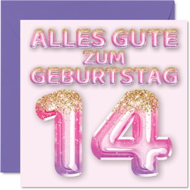14th Birthday Card for Girl - Pink Purple Glitter Balloons - Happy Birthday Cards for 14 Year Old Girl Daughter Sister Granddaughter 145mm Fourteenth Birthday Greeting Cards