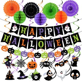 Halloween Decorations, Happy Halloween Banner Honeycomb Balls Pumpkin Garland Paper Fans Halloween Party Hanging Swirls Streamers for Office Classroom Trick or Treat Halloween Decorations Indoor