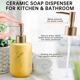 Gold Soap Dispenser Bathroom,Hand Soap Dispenser with Marbling,Soap Dispenser Ceramic for Kitchen,Shower,300ML. (Yellow)