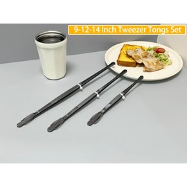 JETKONG 3Pcs Extra Long Kitchen Tweezers Heavy Duty Stainless Steel Cooking Tweezers (9 12 14 Inch, Black)
