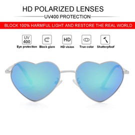 JOVAKIT Polarized Heart Sunglasses for Women Fashion Lovely Style Metal Frame UV400 Protection Lens (Silver/Green Mirror)