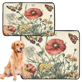 Kigai Butterfly Poppy Dandelions Washable Pee Pads for Dogs 2PCS Absorbent Leakproof Puppy Training Pads Reusable & Non-Slip Pet Whelping Pads Dog Potty Pads 24x36in + 36x42in