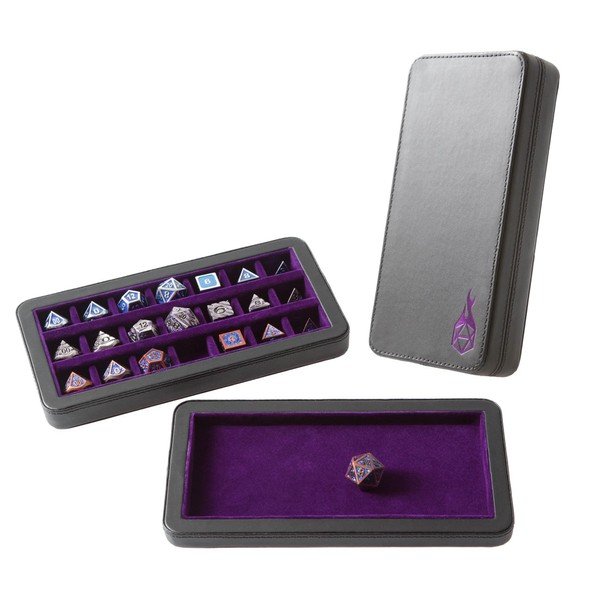 Forged Dice Co. Reliquary Standard Divided Dice Case with Dice Tray for Polyhedral Dice Sets - 21 Felt-Lined Chambers - Magnetic Lid Closure - Metal Dice Storage Box - Purple