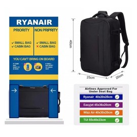 FOSCINI Hand Luggage 40 x 20 x 25 cm for Ryanair Travel Backpack Aeroplane Small Cabin Bag for Flights Backpack Women Men 14 Inch PC Backpack for School Trekking Work Anti-theft Black, black