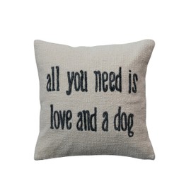 Creative Co-Op, White Square Cotton and Jute Pillow with Embroidered All You Need … Text