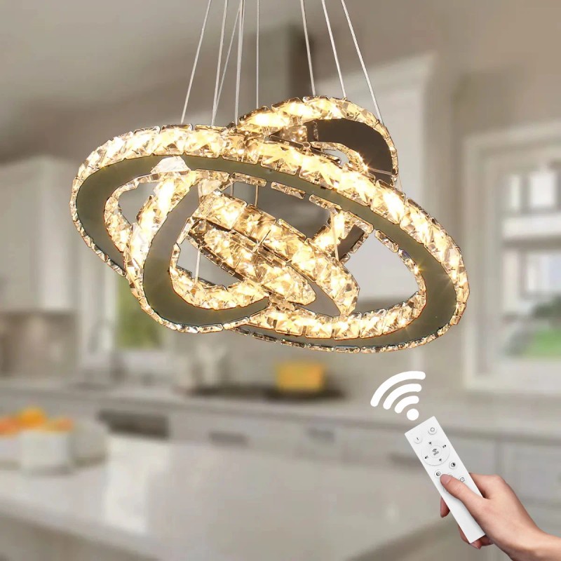 Dimmable LED K9 Crystal Chandelier 3-Ring Pendant Light with Remote