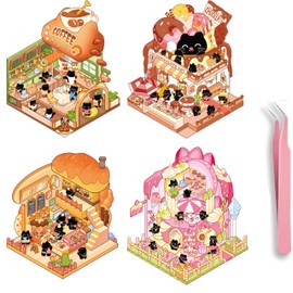 SSNLNBF 4 Sets DIY 3D House Stickers - Cute Cartoon Miniature Scene Stacking Toys, Isometric 3D Sticker Therapy for Stress Relief & Relaxation, Teens & Adults Creative Hobby Kit