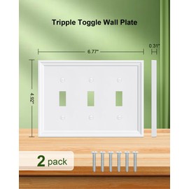 TREEWELL 2-Pack Triple Toggle Light Switch Cover Plate, White Decorative Switch Plate Covers, Natural Bamboo Fiber 3 Gang Wall Plate, Corrosion Resistant