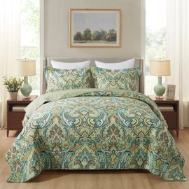 NEWLAKE Cotton Bedspread Quilt Sets-Reversible Patchwork Coverlet Set, European Green Floral Pattern, Queen Size