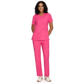 COZYFIT Scrubs for Women - Mock Wrap Top & Straight Leg Pants with 6 Pockets, Back Princess Seams, Soft Fabric Medical Scrubs Set Workwear for Women, Hot Pink, M