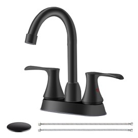 Comllen Black Bathroom Faucet, Modern Centerset 4 Inch 2 Handle 360°Swivel Spout Matte Black Bathroom Sink Faucet, 3 Hole Vanity Lavatory Faucet with Supply Hoses and Pop Up Drain