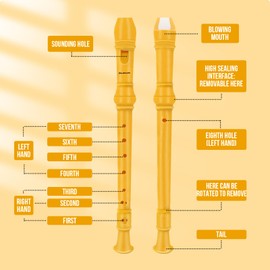 Soulmate Recorder Instrument for Kids Toddler Beginners Students German Style C Key Soprano Recorder Instrument 8 Holes 3 Piece ABS Descant Recorders with Cleaning Kit, Packing Bag (Yellow)