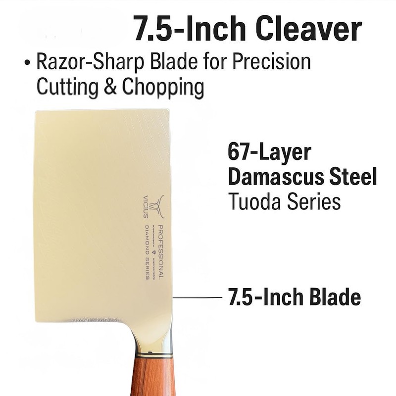 VICIUS 7.5-Inch Cleaver – 67-Layer Damascus Steel Tuoda Series, Razor-Sharp