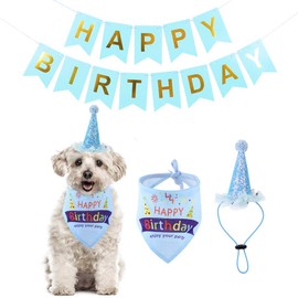 Winterworm Set of 3 Dogs Party Supplies Dog Birthday Bandana with Happy Birthday Banner and Doggie Birthday Party Hat for Puppy Birthday Decoration (Blue)