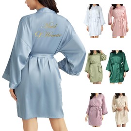 OWITER Women's Satin Robe Bride Bridesmaid Robe for Wedding Bridal Party Luxury Gifts (One Size, Grey Blue Maid Of Honour)