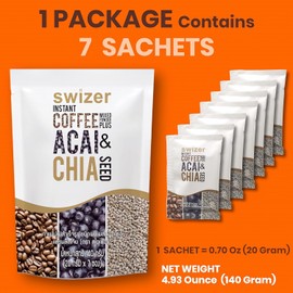 SWIZER Chia Seeds Coffee Healthy Instant Coffee Packets Single Serve 3 in 1 Mix Coffee Alternative with Chia Seed, Acai Berry With Creamer and Sugar (7 Sachet/Packet)