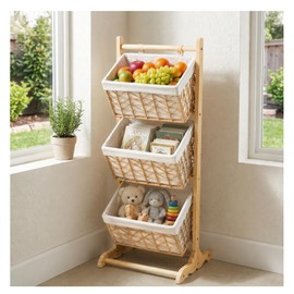 Three-Tier Floor-Standing Storage Rack, Hand-Woven Storage Basket, Vertical Storage Rack, Retail Display Rack Diaper Storage Suitable for Bathroom, Kitchen, Laundry Room, Living Room