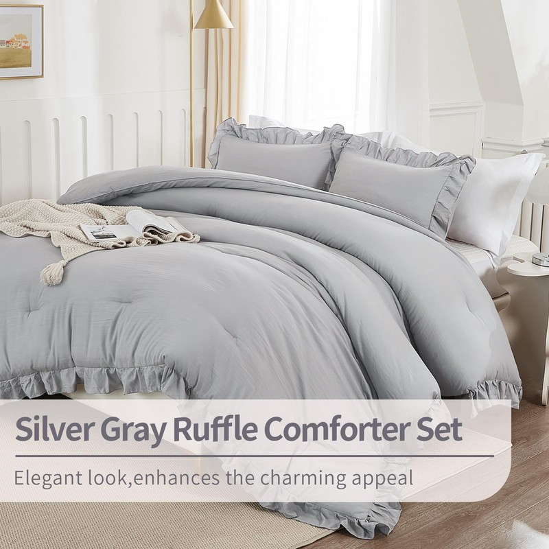 Andency Silver Gray Comforter Set Queen Size, 3 Pieces Shabby
