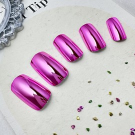 Pink Chrome Press on Nails Medium Square Fake Nails Holographic False Nails with Designs Metallic Glue on Nails Full Cover Acrylic Artificial Nails Glossy Stick on Nail for Women Nail Manicure