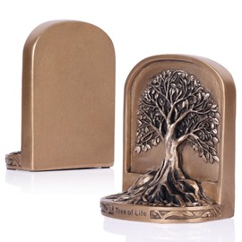 Tree of Life Book Ends– 2 Pcs Resin Bookends, Book Ends for Heavy Books, Decorative Bookends with Antique Brass Finish, Book Ends Unique for Shelves, Bookcase or Desk, Non-Skid Holders for Office