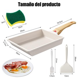 masoe Sartén Rectangular de Huevo, Sartén Tamagoyaki, Con Rascador de Silicona y Cepillo para Aceite. para Huevos Japonesa para Omelette, Apto para Placas de Gas E inducción (Blanco)