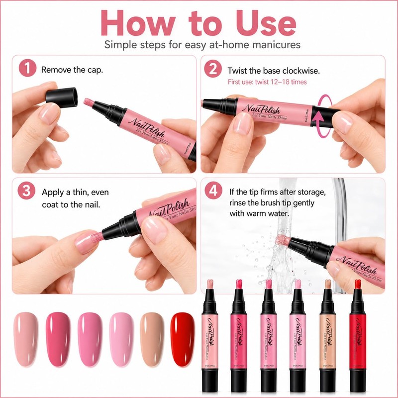 Pink Nude Nail Polish Pens 6 Colors, Quick Dry Water