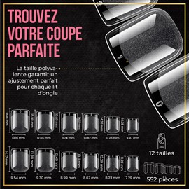 L'Exfose 552 Stück Amerikanische Nägel, kurz, quadratisch – 12 Größen, künstliche Nägel, quadratisch – Hypoallergen PMMA Nagelkapseln für DIY Nail Art & Salons – halbtransparent Acryl Nagelkappen