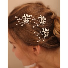 Jumwrit Bride Pearl Crystal Hair Pins Wedding Hair Pins for Bridesmaids Handmade Pearl Hair Pins 3Pcs Bridal Leaf Headpieces Wedding Hair Accessories for Women Girls（Gold）