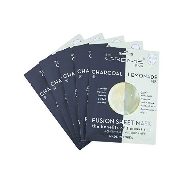 The Crème Shop - Fusion Face Masks, Korean Facial Skin Care and Moisturizer - Hyaluronic Acid Charcoal and Lemon for Hydrating, Blackhead Remover, Natural Beauty Essence (5 Pack)