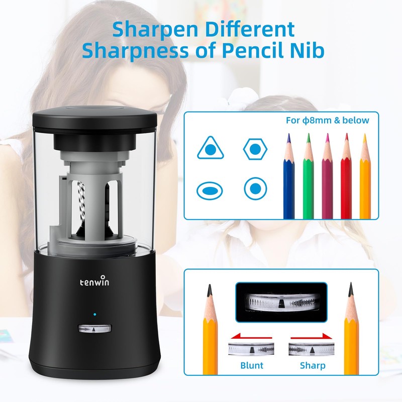 tenwin Electric Pencil Sharpener, Fully Automatic Pencil Sharpener for 6-8mm