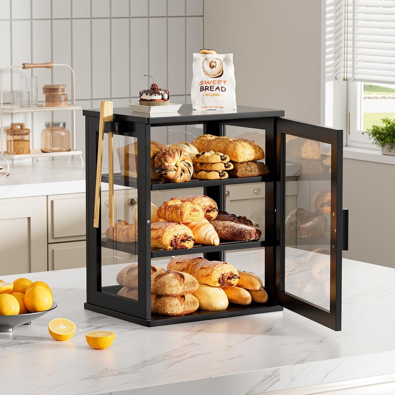 WOWLIVE Black Bread Box for Kitchen Countertop, Large 3 Layers
