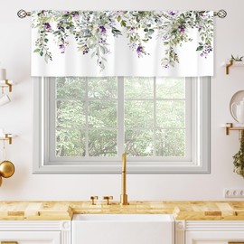 oolygoo Purple Flower Valances Kitchen Curtains Window Drapes Eucalyptus Botanical Leaves Floral Plants Wildflower Bedroom Bathroom Living Room Treatment Tier 1 Panel 52Wx18H Inch