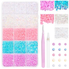 10000 Pcs Flatback Pearls for Bedazzling, Purple Blue Pink White Jelly Resin Rhinestones Half Round Nail Pearls Nail Stones and Gems for Nails DIY Jewelry Face Makeup with Pickup Pencil and Tweezer