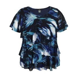 LEEBE Women’s Plus Size Round Neck Short Sleeve Printed Mesh Ruffle Top (1X-5X) (4X, Navy Paint)