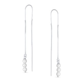 Set of Two Geometric Minimalist Elegance Long Thin Chain Wire Hook Simple Four Bead Three Simulated White Pearl Threader Earrings For Women Teens .925 Sterling Silver U Hook Stabilizer