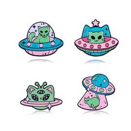 Enamel Cartoon Brooch Pins Set,Creative UFO Spaceship Alien Lapel Pins Cute Cat Badge Brooch Drip Oil Animal Collar Pins Backpack Badge Hat Clothes Bag Decoration Gifts for Women (A)