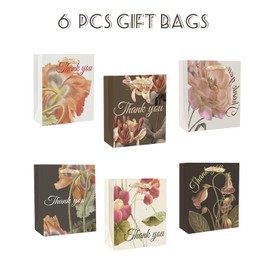 qiqee 6PCS Brown Tone Flowers Paper Gift Bags with Tissue Paper Handles Medium Size Bags（18pcs Tissue Paper ）
