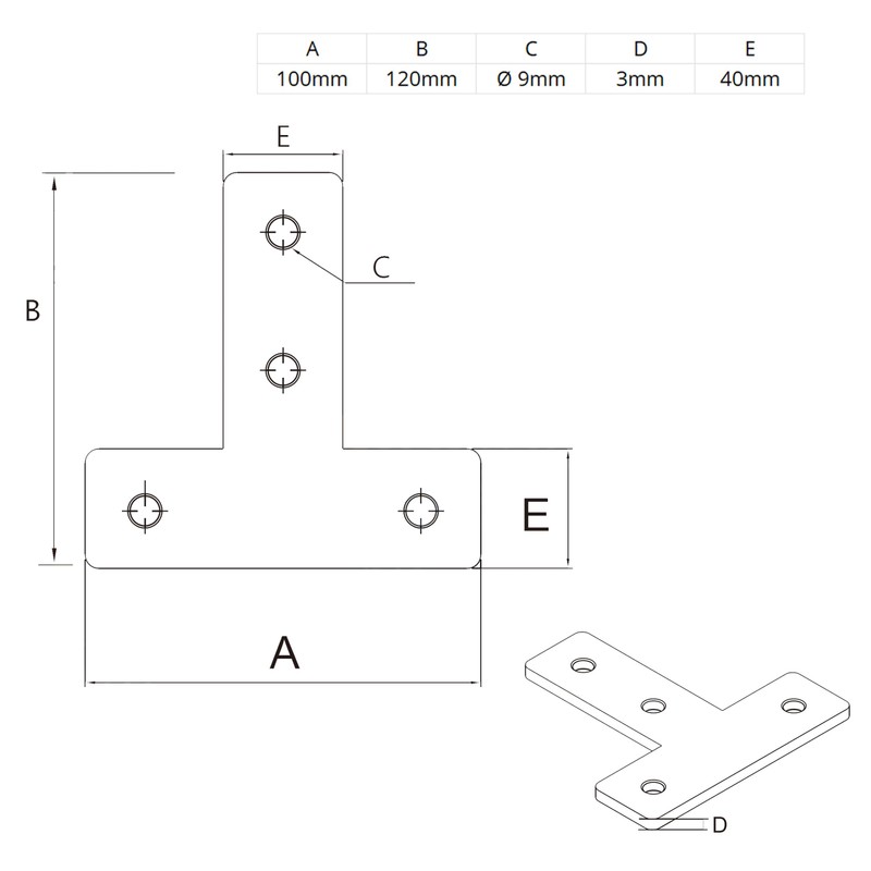 Connector Plate - T - 100 x 120 mm External