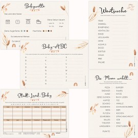 Olgs Baby Shower Games Set - 5 Different Baby Shower Games Set of 12, Pregnancy Games and Gender Reveal Parties, Fillable Guessing Games in Boho Design, DIN A5