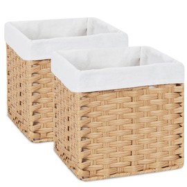 Bidtakay Wicker Storage Baskets with Liners 11x11 Storage Cube Bins Woven Basket with Imitation Water Hyacinth 2-Pack Waterproof Woven Storage Bins for Organizing Rattan Baskets Organizer-Natural
