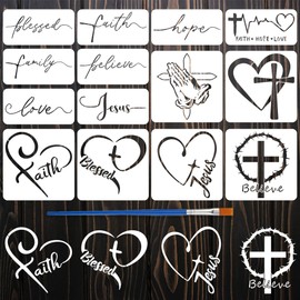 FINGERINSPIRE Pack of 14 Stencils with Religious Theme and Brush, 2 Sizes, Cross Painting Stencils, Reusable PET Heart Home Stencil, Religious Word Decoration Template for Wood, Walls, Floors