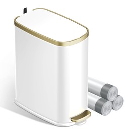 KUK Small Bathroom Trash Can with Lid Soft Close, Step Pedal, 2.6 Gal Stainless Steel Garbage Can with Removable Inner Bucket, Anti-Fingerprint Wastebasket for Office, Bedroom, Toilet (White)