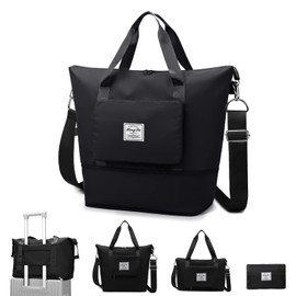 MINGRI Travel Duffel Bags Tote Bag,Travel Weekender Overnight Bags Women Carry On Bags for Airplanes,Tote Bags with Trolley Sleeve (A-Black-Long Strap)