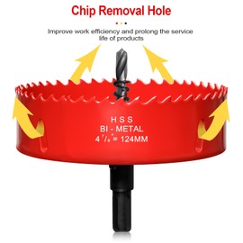 Hole Saw 4 7/8” (124mm) for Wood, HSS Bi-Metal Hole Cutter with Pilot Drill Bit for Recessed Lights, PVC Boards, Fiberglass and Vent Pipes