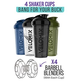 VELOMIX -4 PACK- 28 oz Protein Shaker Bottle for Protein Mixes - 4x Wire Whisk | Leak Proof Shaker Cups for Protein Shakes | Protein Shaker Bottle Pack | Protein Shake Cup (NeoCool Pack)